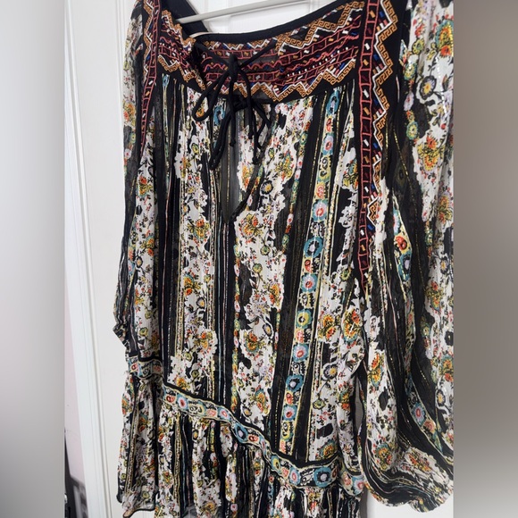 Free People Boho Peasant Dress Size Large Sheer Floral Metallic Thread Tiered - Picture 2 of 3
